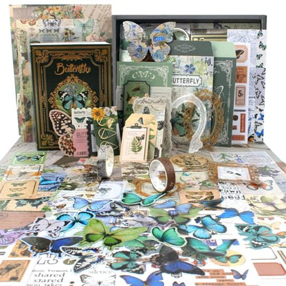 Diuhofart Scrapbook Kits for Adults Women, Aesthetic Stationery Scrap Booking Supples Kit with A6 Grid Notebook for Junk Journal Supplies, DIY Paper Craft Art Materials - color: Green Kit Butterfly