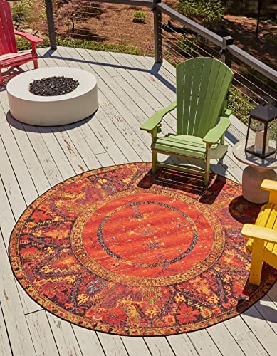 Unique Loom Outdoor Tribal Collection Area Rug - Quepos (7' 1" Round Multi/Black) - size: 7'1" (Round)