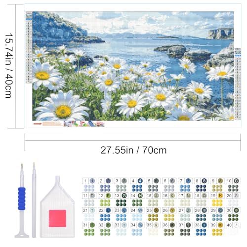 JOOZ Large Diamond Painting Kits for Adults 5D Landscape Diamond Painting Kits for Adults DIY Full Drill Diamond Painting Flowers Kits Daisy Gem Painting Kits for Gift Home Wall Decor 27.5x15.7 Inch - color: Seaside Flowers 21