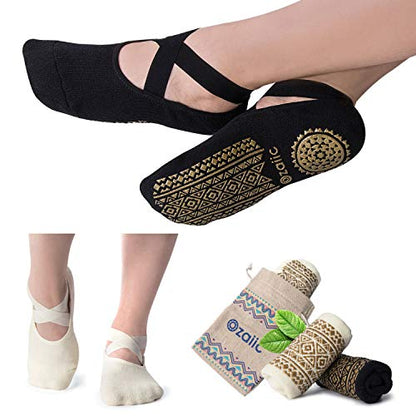 Ozaiic Pilates Socks for Women Non Slip Grip Yoga Barefoot Indoor Workout - color: Black/ Beige -2p（1st Anniversary Edition）