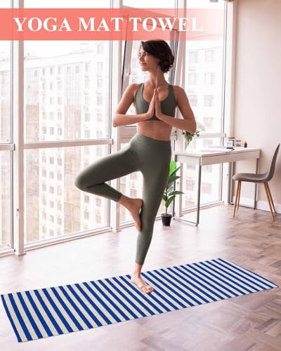 Dark Blue Striped Yoga Towel for Hot Yoga Non Slip, Modern Beige Geometric Country Yoga Mat Towel Absorbent Yoga Sweat Towels Microfiber Hot Yoga Blanket for Bikram Pilates Fitness 26"x74" - color: Darkblue Beige, size: 26x74in
