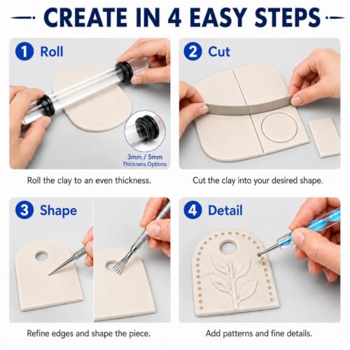 DIYOOHOMY 18 Pcs Polymer Clay Tools Kit, Rolling Pin with Thickness Rings | Air Dry Clay Jewelry Earring Making Set Sculpting, Small Acrylic Roller, Dotting, Tissue Blades Cutters Craft Knife, Needle - color: 14 Pcs