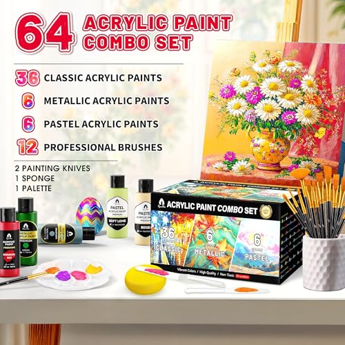 64 Pcs Classic & Metallic & Pastel Acrylic Paint Set with 12 Brushes, 2 Knives & Palette, 48 Colors (2oz/60ml) - for Adults, Kids, Artists & Beginners - Arts and Crafts Painting Kit - color: Mixed, size: 2 Fl Oz (Pack of 48)
