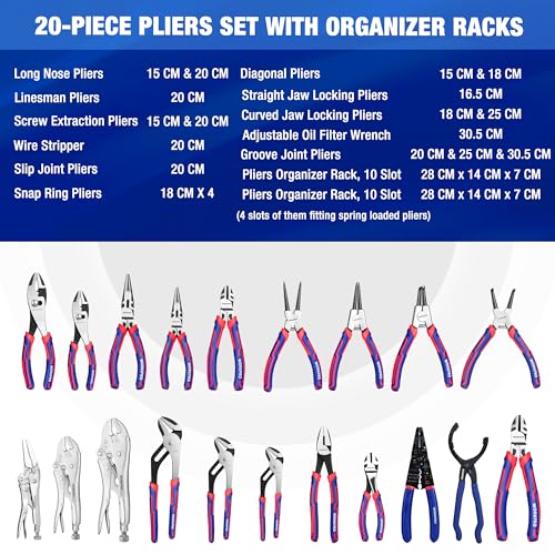 WORKPRO Pliers Set, 20-Piece Pliers Set with 2-pack Organizer Rack | Channel Locks Plier and Vise Grip Plier Assortment