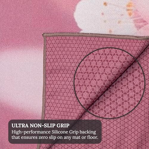 Multipurpose Yoga Mat Towel 72" x 26.5" - Cherry Blossom Design Fitness Towel with Non-Slip Silicone Grip, Quick Drying & Sweat Absorbent for Yoga, Pilates, Gym, Picnic & Outdoor Activities