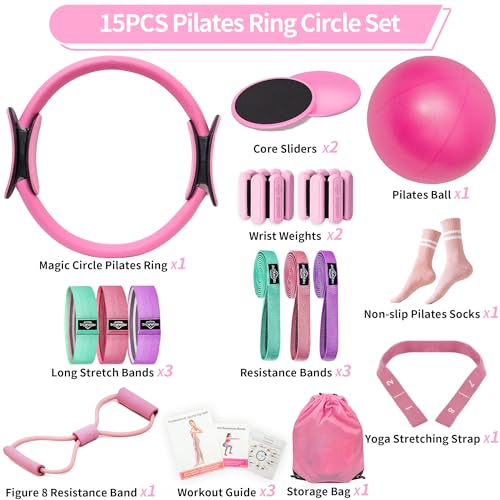 DICYWUDI Pilates Essentials Kit for Home Women, Pilates Equipment for Workouts, 6 Fabric Resistance Bands, 12 Inch Magic Circle Yoga Ring, Mini Exercise Ball, Great Exercise Equipment - color: 15pcs Pink set