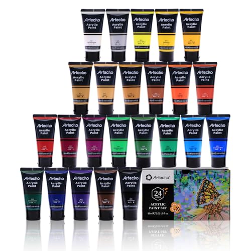 Artecho 24 Colors Acrylic Paint 60ml / 2.02oz Tube | Semi Glossy Finish, High Pigment Rich Color Craft Paint for Canvas, Rocks, Wood, Fabric, Ceramic, Non-Toxic - color: 24 Basic Colors, size: 48.48 Fl Oz (Pack of 1)