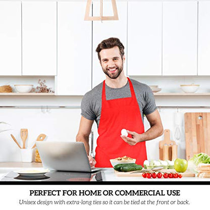 12 Pack Bib Apron - Unisex Red Aprons, Machine Washable Aprons for Men and Women, Kitchen Cooking BBQ Aprons Bulk (Pack of 12, No Pockets, Red) - color: Red, size: 12 Pack