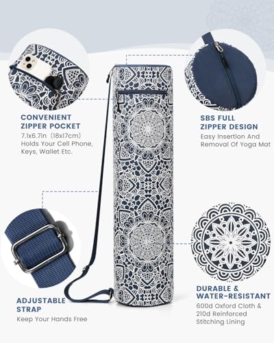 Gonex Yoga Mat Bag, Full-Zip Mat Carrier | 600D Oxford Fabric, Wet Pocket, Front Zip Pocket, Adjustable Strap, Fits Mats up to 26" - color: Navy Blossom