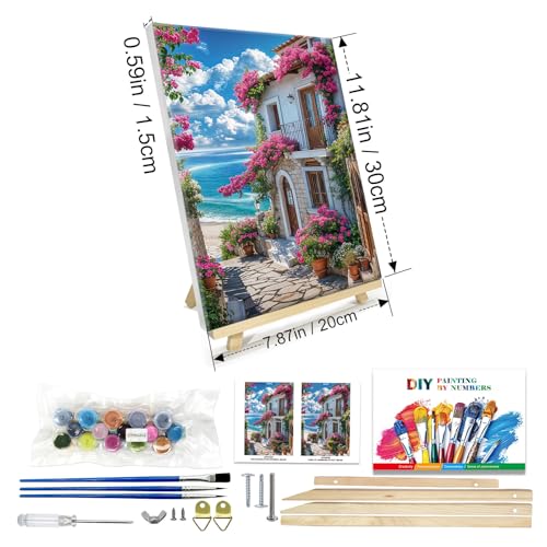 JOOZ Paint by Numbers Kit for Adults with Frame, Seaside Scene Paint by Number with Easel, DIY House Flowers Oil Painting by Numbers, Adult Paint by Number Kits Landscape for Wall Decor 8x12 Inch - color: Seaside House 262