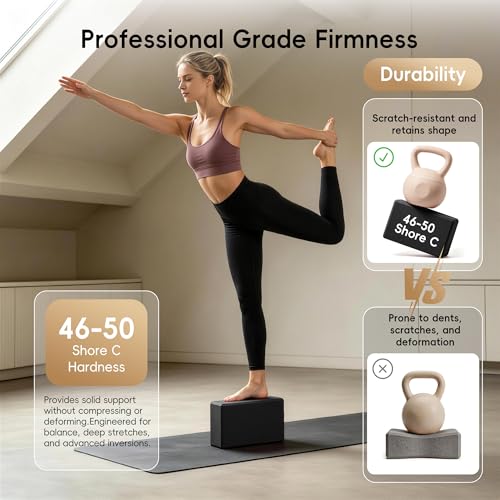 High Density EVA Yoga Blocks 2 Pack, 280g Pro-Level Exercise Brick (46-50 Shore C Firmness), Odor-Free & Non-Slip Foam Props for Yoga, Pilates & Stretching - color: black
