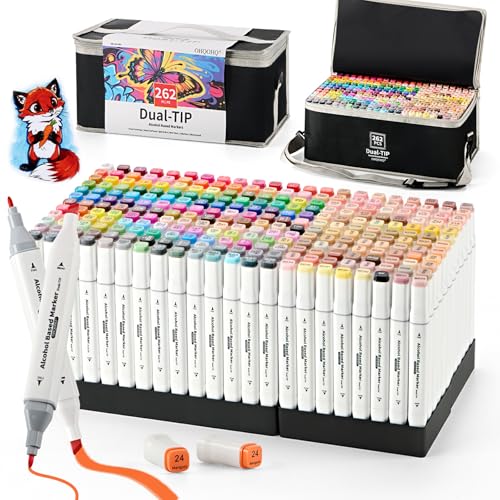 262 Colors Alcohol Markers Dual Tip Brush & Chisel Tips for Coloring Art | Alcohol based blendable ink, no bleed dual tip markers for adult coloring sketching drawing, safe for artists kids beginners - color: 262 colors pens