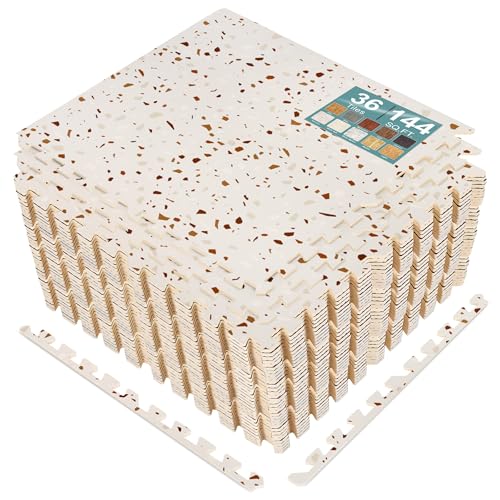 Sorbus Wood Grain Floor Tiles Foam Mat EVA Interlocking Mats Tile 3/8-Inch Thick Flooring Wood Puzzle Exercise Mats w/Borders - Home Playroom Basement, Apartment, Trade Show, Baby, Dance - color: Terrazzo, size: 36 Pack