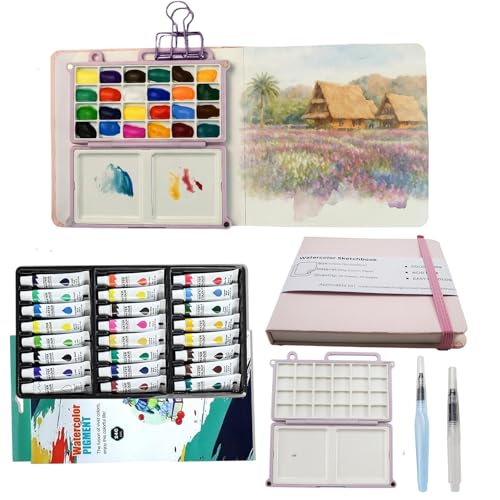 Mini Painting Palette Travel Set - Portable Watercolor Palette Set, Pocket Artist Watercolor Travel Set with 24 Watercolor Paints, Brush, Sketchbook Suitable for Painters, Artists, and Students