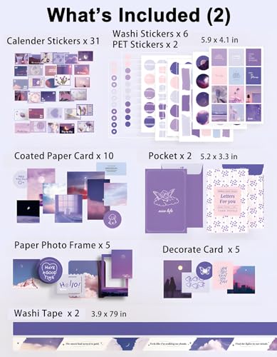 JOYCHOIC 348 Pcs Scrapbook Kit, Moonlight Junk Journal Supplies, Purple Journaling and Scrapbooking Materials, Large Aesthetic Collection for Women, Stationery DIY Arts Craft, Adults Daily - color: Moonlight