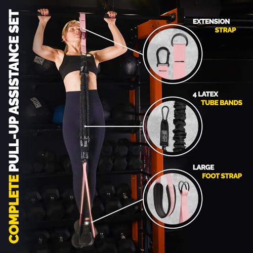 Pull Up Assistance Bands Set with 4 Levels, Adjustable Strap and Foot Rest | 50–200 lb stackable pull-up assistance, nylon-sleeved bands, adjustable support, reduced snap-back risk - color: Pink