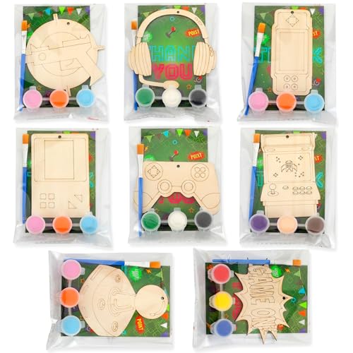 Saypacck 24 Pcs Video Game Party Favors Wooden Paint Craft Kits | DIY Craft for Kids Adults, Includes Brushes Paints Bags, Goodie Bag Fillers, Thank You Gifts, 8 Gaming Controller Designs - style: Game Theme