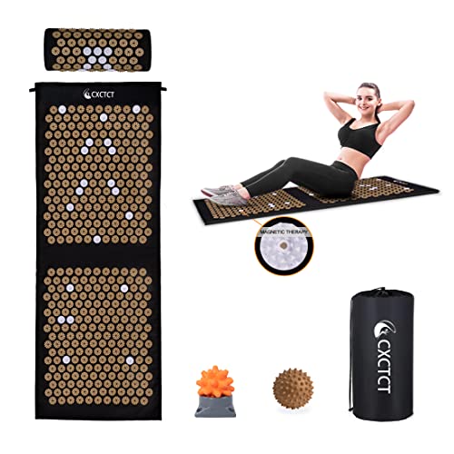 Extra Long Yoga Acupressure Mat Set,Massage Acupuncture Mat Large,Magnetic Mat Acupressure Body mat and Pillow for Neck Back Pain Relief(Gold) - color: Gold