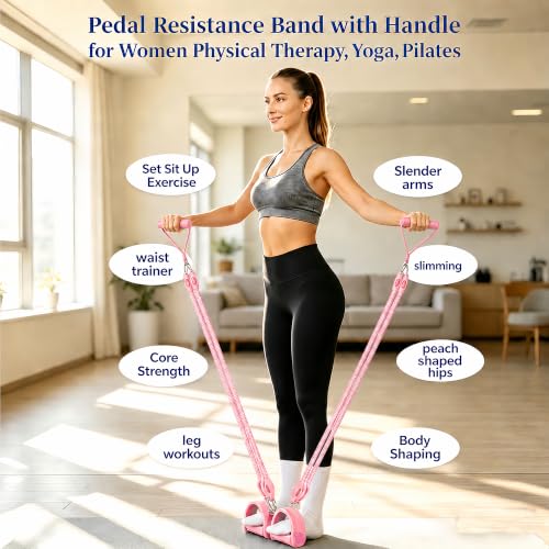 Resistance Band with Handle 100LBS Pedal Resistance Bands for Pilates Yoga Physical Therapy Leg,Abdomen,Waist,Arm,Workout Bands Exercise Resistance Bands Set for Women - color: Pink with foot massagers