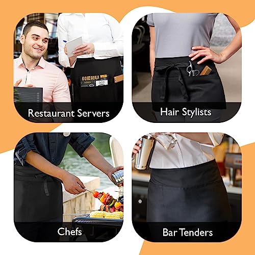 Avalon Kitchen Server Aprons with 3 Pockets – 100% Polyester Waist Apron, 24x12 Inch Half Apron, Waitress Apron for Servers - color: Black, style: Pack of 4