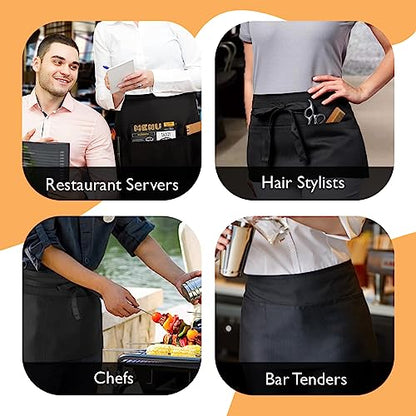 Avalon Kitchen Server Aprons with 3 Pockets – 100% Polyester Waist Apron, 24x12 Inch Half Apron, Waitress Apron for Servers - color: Black, style: Pack of 4