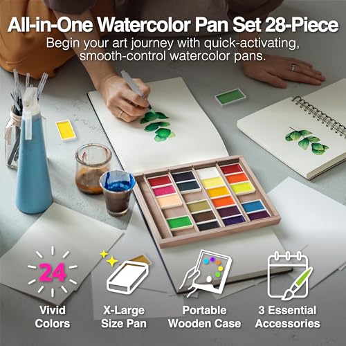 COLOUR BLOCK 28-Piece Watercolor Paint Set: 24 Full-Pan Colors, Water Brush Pen, Palette, Paper, Portable Wooden Box for Travel — Professional Quality for Beginner Artists and Professionals. - size: 28 Piece Set
