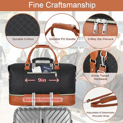 ITIEZY Weekender Bag for Women 21.5" Travel Duffel Large Carry On Bag 3PCS | Nylon Duffel Bag with Waterproof Shoe Compartment, Crossbody Bag and Toiletry Bag, Travel Weekend Hospital Overnight Gym Bag - color: 4-Black