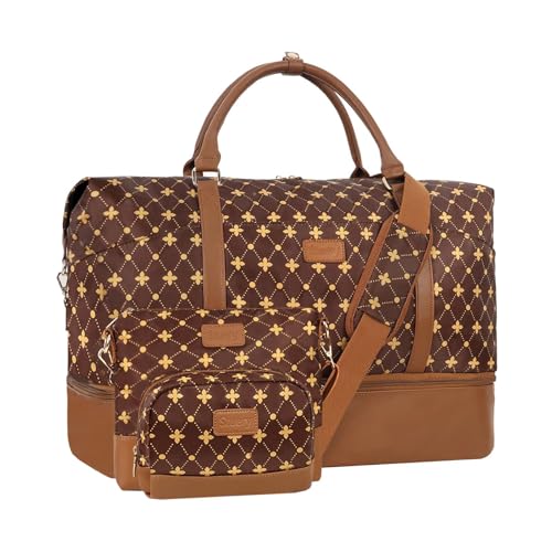 Weekender Bag, Large Travel Duffel Bag for Women, Carry on Overnight Bag with Shoe Compartment and Toiletry Bags - color: D-3PCS Coffee