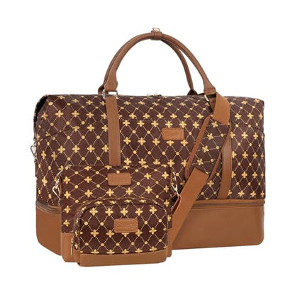 Weekender Bag, Large Travel Duffel Bag for Women, Carry on Overnight Bag with Shoe Compartment and Toiletry Bags - color: D-3PCS Coffee