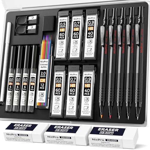 Nicpro 22PCS Art Mechanical Pencil Set， Metal Drawing Sketching With Eraser | Pencil Black Artist Drafting 0.5 & 0.7 & 0.9 mm & 2PCS 2mm Graphite Holder(4B 2B HB 2H) for Writing With Lead Refills Case - color: Black, style: 0.5 0.7 0.9 2.0