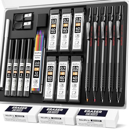 Nicpro 22PCS Art Mechanical Pencil Set， Metal Drawing Sketching With Eraser | Pencil Black Artist Drafting 0.5 & 0.7 & 0.9 mm & 2PCS 2mm Graphite Holder(4B 2B HB 2H) for Writing With Lead Refills Case - color: Black, style: 0.5 0.7 0.9 2.0