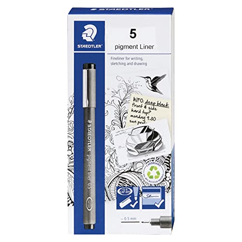Staedtler Pigment Liner, Fineliner Pen for Drawing, Drafting, Journaling, 0.5mm, Black, Box of 5 Pens, 308 05-9M - style: 0.5mm