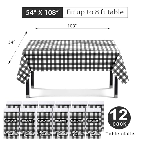 Eleclassi Black Gingham Checkered 12 Pack Premium Disposable Plastic Tablecloth 54 x 108 in - Party Plastic Table Cloth Disposable Tablecloth for Rectangle Tables Up to 8 Ft - Plastic Table Cover - color: Black Checkered, size: 12 Pack Rectangle