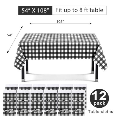 Eleclassi Black Gingham Checkered 12 Pack Premium Disposable Plastic Tablecloth 54 x 108 in - Party Plastic Table Cloth Disposable Tablecloth for Rectangle Tables Up to 8 Ft - Plastic Table Cover - color: Black Checkered, size: 12 Pack Rectangle