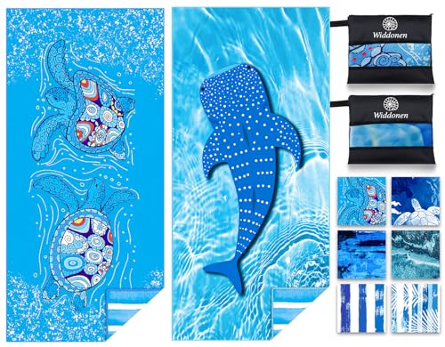 Widdonen 극세사 비치 타월, 엑스트라 라지 2팩-180.3x81.3cm(71x32인치), 여행 가방 포함 - color: 거북이 고래 블루스 드림 2팩