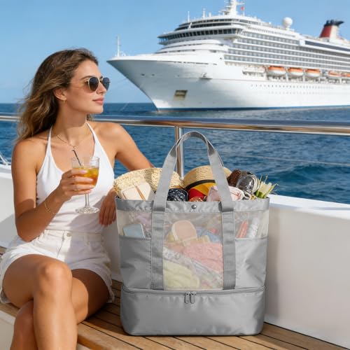 Mesh Tote Beach Bag with Leakproof Wet Compartment - color: Grey
