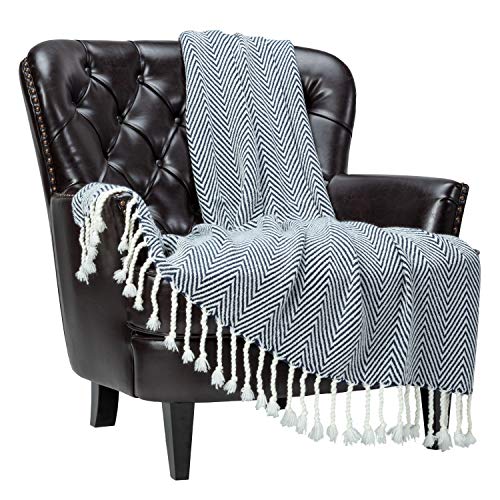 Chanasya Premium Chevron Super Soft Acrylic Throw Blanket with Tassels Cozy Lightweight Fluffy Woven Blanket for Bed Sofa Chair Couch Living Bed Room Navy and White Blanket (50x65 Inches) Dark Blue - color: Dark Blue