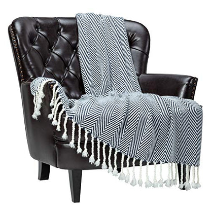 Chanasya Premium Chevron Super Soft Acrylic Throw Blanket with Tassels Cozy Lightweight Fluffy Woven Blanket for Bed Sofa Chair Couch Living Bed Room Navy and White Blanket (50x65 Inches) Dark Blue - color: Dark Blue