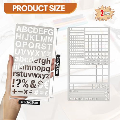 2 PCS Metal Stencils Planner Stencil for Bullet Journal Stencils,Bookmark, Planning, Lines, Habit Tracker, Templates, Tiny Letters, Small Number - size: 2PCS Journal Stencils