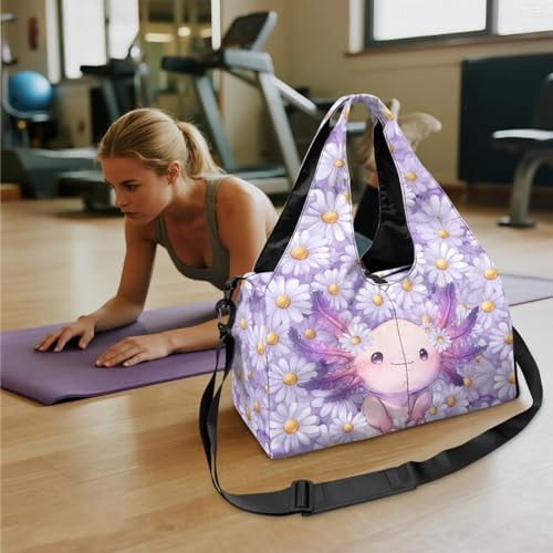 Gym Bag with Yoga Mat Holder Large Tote Bag With Multi Pockets for Women Men Dry Wet Separated Pocket Carryall Yoga Tote Bag for Pilates Travel Workout Office - color: Pink Axolotl
