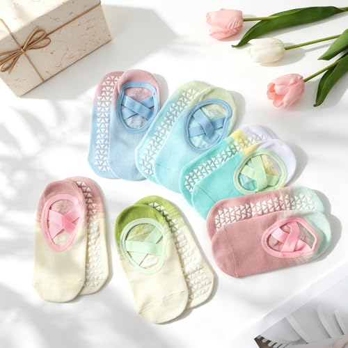 6/8 Pairs Pilates Socks for Women with Straps - color: Color Gradient