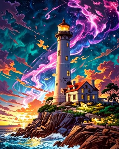 GEEHEIY Paint by Numbers Kit for Adults, Lighthouse Aurora, 16 x 20 Inch | DIY Adult Paint by Number Kit on Canvas for Beginners, without Frame, Coastal Wall Decor, Stress Relief Craft Gift - color: TRTDNF1P410