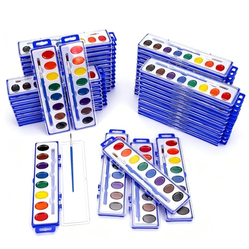 JEAWIWI 50 Pack Watercolor Paint Sets, 8 Washable Colors with Brushes | Water Color Paint Bulk, 8 Colors, Washable, Brushes Included, for Classroom, Party Favors, Art Activities & Kids Crafts - size: 1 Count (Pack of 50)