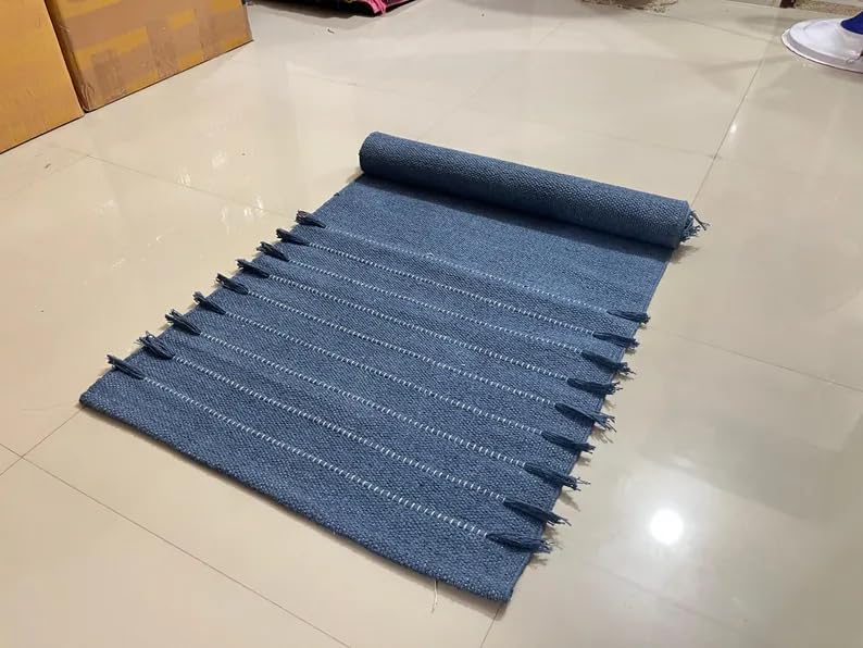 Payal Rugs Cotton Yoga Mat - Eco-Friendly Hand-Woven Rug - Non Slip & Thick (24”x72”x5mm) for Yoga Everyday Fitness at Home - Comfortable Extra-Long - color: Sky Blue