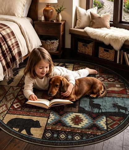 YIHOUSE Washable Rustic Cabin Round Rug, 4ft - color: Brown, size: 4' (Round)