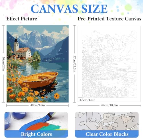 ZRIZQ Paint by Numbers Kit for Adults Beginner,Lake,16x20 | Full set with rich paints,wooden brushes,rolled canvas.Calming activity.Beginner friendly.Just open and paint. - color: 16"X20"Rolled Canvas-Lake Landscape