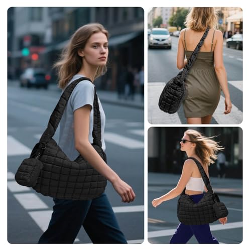 Puffer Tote Bag for Women, Large Quilted Puffer Bag with Pouch, Puffy Quilted Hobo Bag, Puff Crossbody Purse - color: 2-black