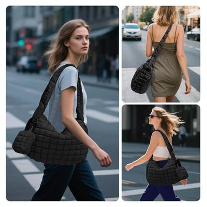 Puffer Tote Bag for Women, Large Quilted Puffer Bag with Pouch, Puffy Quilted Hobo Bag, Puff Crossbody Purse - color: 2-black