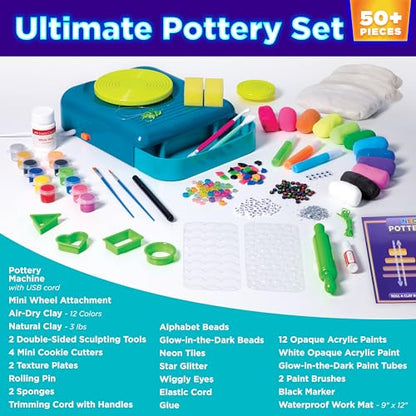 Faber-Castell Neon Glow Pottery Studio: Create Your Own Pottery Designs with USB-Powered Pottery Wheel, Air Dry Clay, Neon & Glow in The Dark Paints, Tools & 50+ Craft Supplies for Kids (Ages 8+) - size: Deluxe Starter Bundle