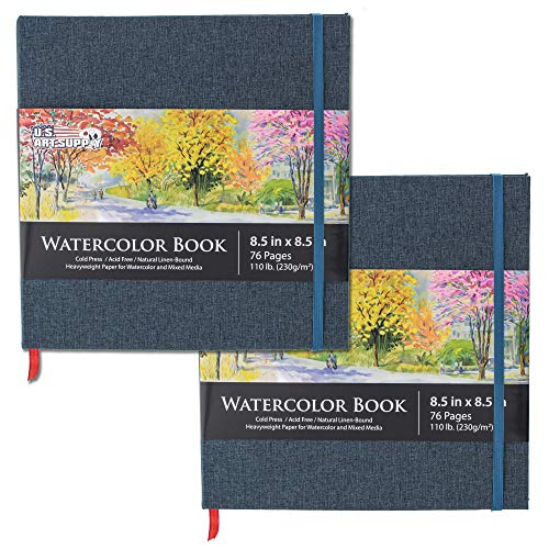 U.S. Art Supply 8.5" x 8.5" Watercolor Book (2 Pack, 76 Sheets Each) - 110lb (230 GSM) Linen-Bound Hardcover Artist Paper Pads - Acid-Free Cold-Pressed Watercolor Paper Pad Mixed Media - size: 8.5-x-8.5-inch